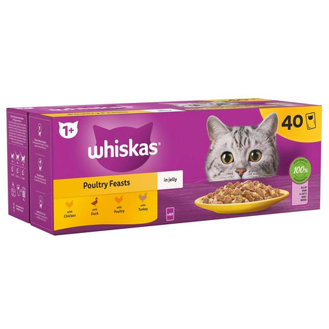 Whiskas 1+ Adult Poultry Selection in Jelly 40 Pouches, Adult Wet Cat Food, Megapack (40 x 85 g)