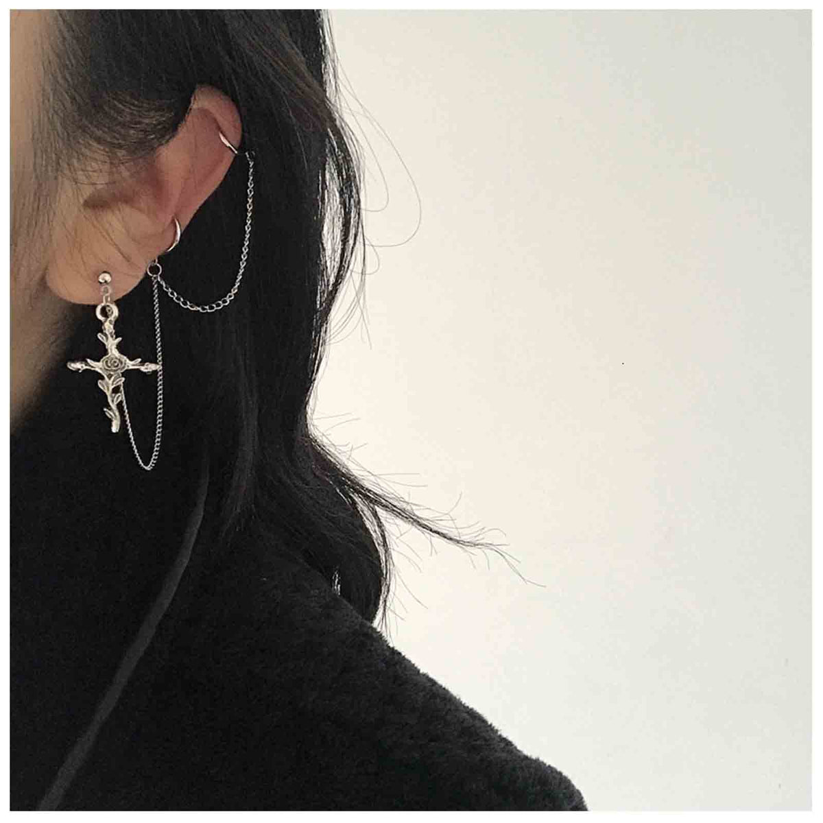 Yheakne Cross Chain Cuff Earrings Silver Cross Dangle Chain Earrings Long Crucifix Drop Earrings Religious Ear Cuff Wrap Chain Earrings Jewelry for Women and Girls