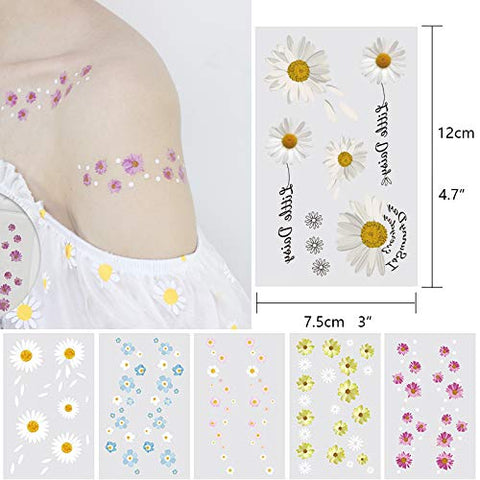 12 Sheets Daisy Tattoo, Summer Flower Temporary Tattoo Sticker for Women Lady Girls, Body Art on Arm Shoulder Wrist Face Clavicle