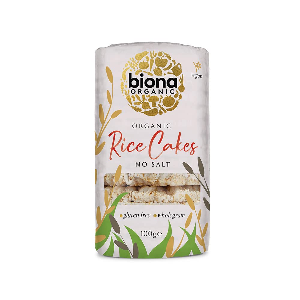 Biona Organic Unsalted Rice Cakes, 100g - 100% Organic Wholegrain Brown Rice - Source of Fibre, Naturally Gluten Free - Vegan Snacks and Treats (Pack of 12)