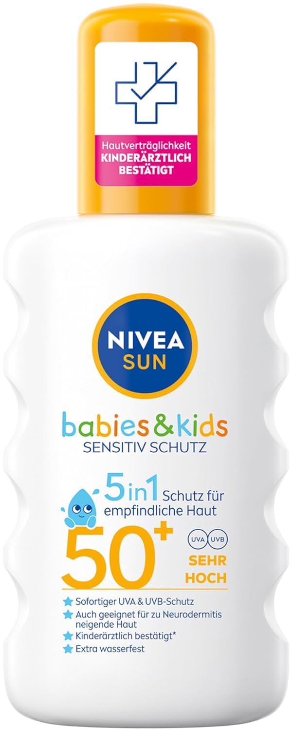 Nivea Sun Kids Sensitive Sun Spray in 1 Pack (1 x 200 ml) Spray with SPF 50+ Sun Lotion for Sensitive Childrens Skin