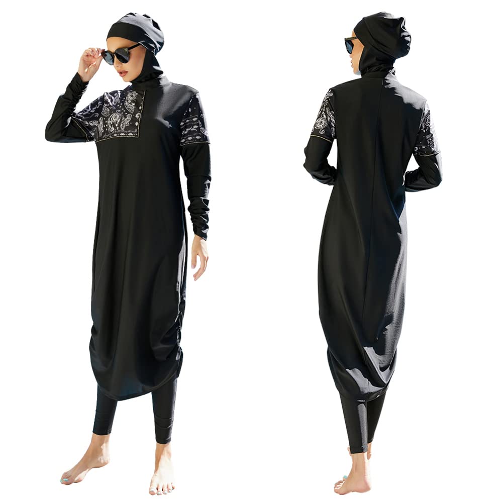 Muslim Swimsuits for Women: Modest Swimwear Islamic Long Sleeve Burkini Swimsuit Full Cover Hijab Swimming Cap Muslim Dress Tops Pants Rash Guard 3 Piece Swim Set Bathing Suits Black + Silver Medium