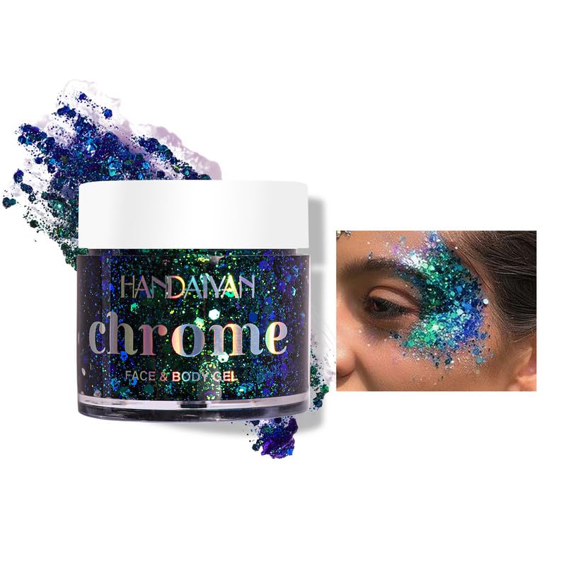 AKARY Bule Green Holographic Body Glitter Gel for Body, Face, Hair and Lip, Color Changing Mermaid Glitter Gel Under Light, Long Lasting Waterproof Sequins Party Glitter Makeup for Rave Festival, 06