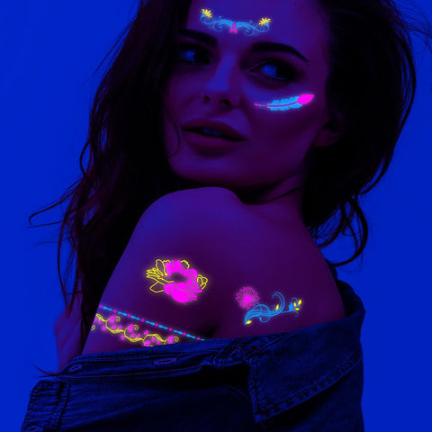 12 Sheet Glow In The Dark Temporary Tattoos Party Supplies Uv Neon Tattoo Stickers Face Body Luminous Temporary Makeup Rave Festival Accessory Blacklight Temporary Tattoos For Adults Woman Man Kids