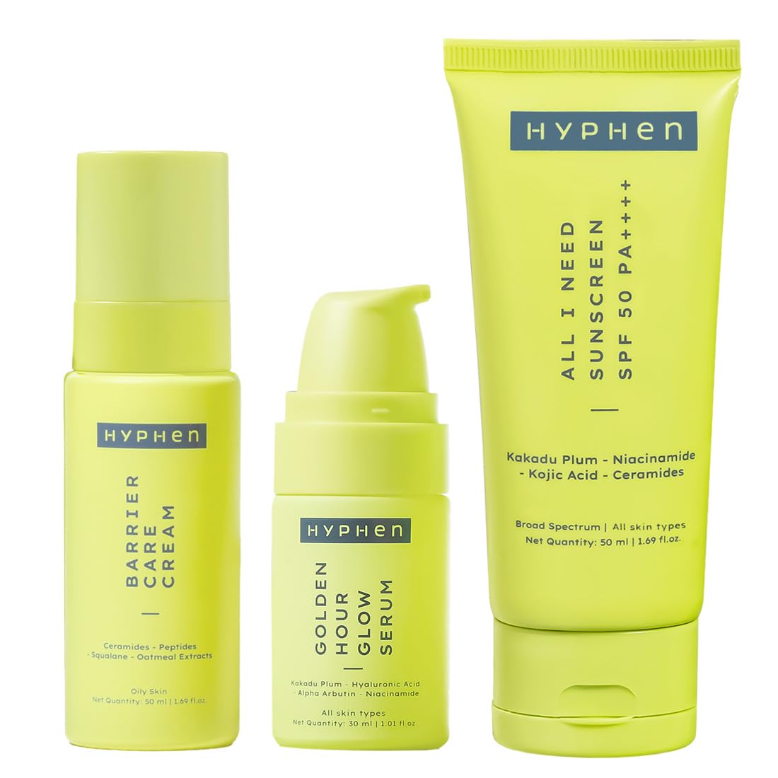 Hyphen Daily Face Care Regime for Combination & Oily Skin | 3 Step Facial Kit Routine with Face Serum, Face Cream & Sunscreen SPF 50 To Control Excess Oil & Improve Skin Barrier | Value Pack of 3