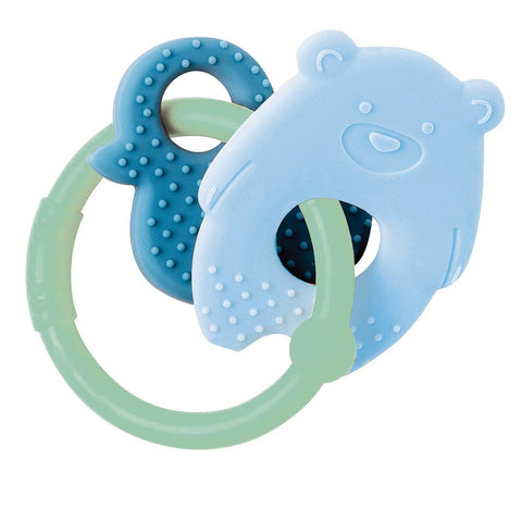 Nattou 2-in-1 Animal Teether Ring + Rattle, BPA Free Silicone Teething Soother, Easy To Grab/Hold For Newborn, Easy Wipe Clean, 6 Months+, Bear & Duck Green Ring