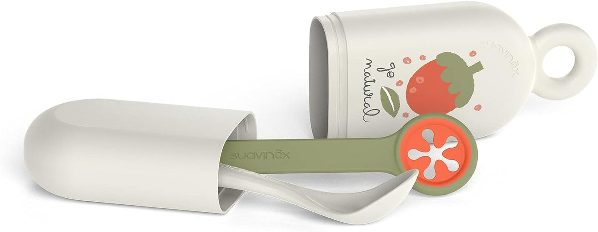 Suavinex, Spoon + Spoon Rest + Bib Holder, for Eating Outside, Dishwasher Safe, Baby + 4 Months, Berry Design, Grey