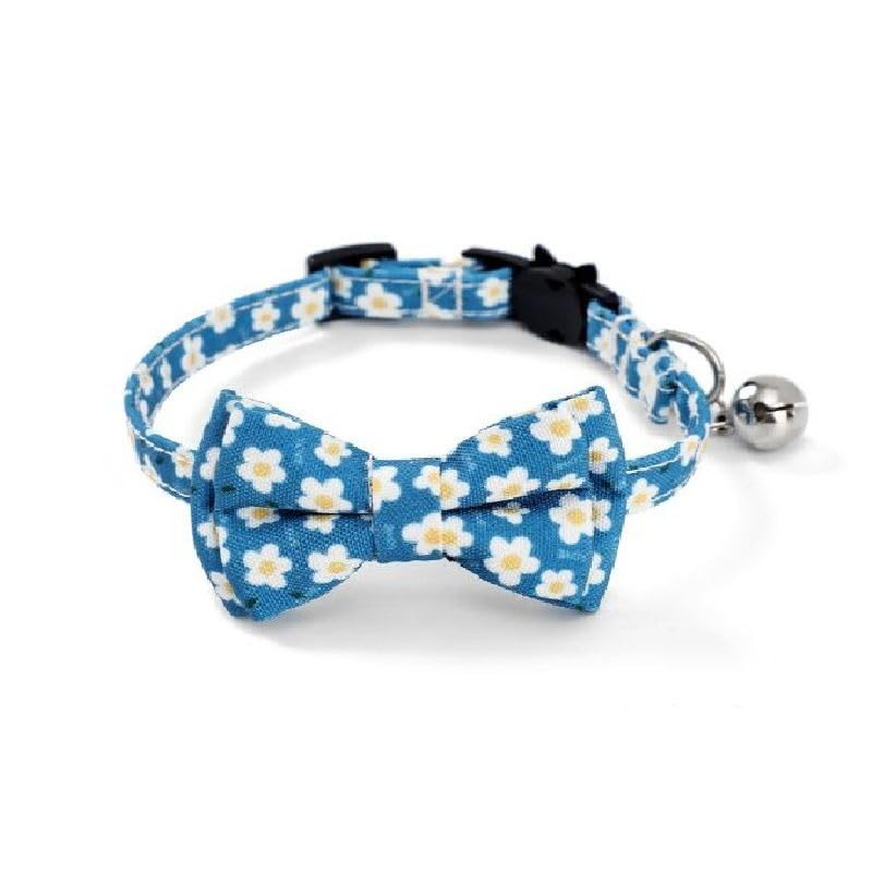 Luxury Cat Collars with Bow Tie and Bell | Safe Quick Release Breakaway Buckle | ZACAL Cat Collars (Blue with Daisies)