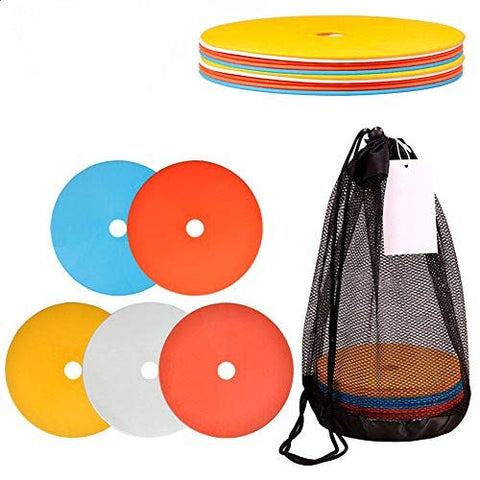 VGEBY 10Pcs Flat Disc Markers, Sports Football Training Round Non Slip Landmark Track and Field Marker with Holder and Mesh Carry Bag(Multi-color)