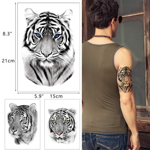 6 Sheets Black Tiger Lion Temporary Tattoo, Arm Chest Leg Tattoo Sticker for Men Women, Wild Beast Animal Designs Body Art on Back Shoulder Waterproof Large Size