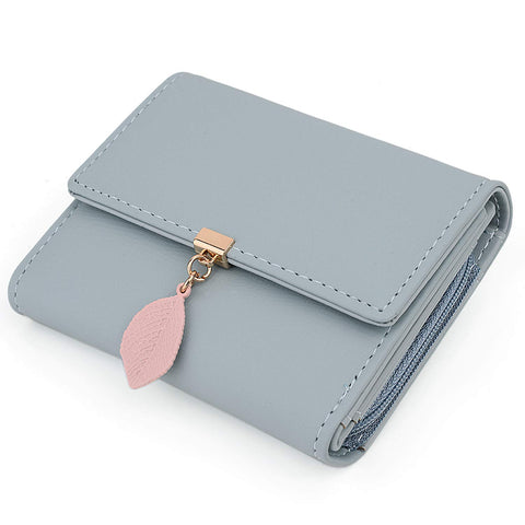 UTO Purses for Women Mother Mum RFID Blocking Ladies Wallets Card Cases Money Organisers Zipper Coin Pocket 6 Slots Leaf Pendant Faux Leather Blue Matte