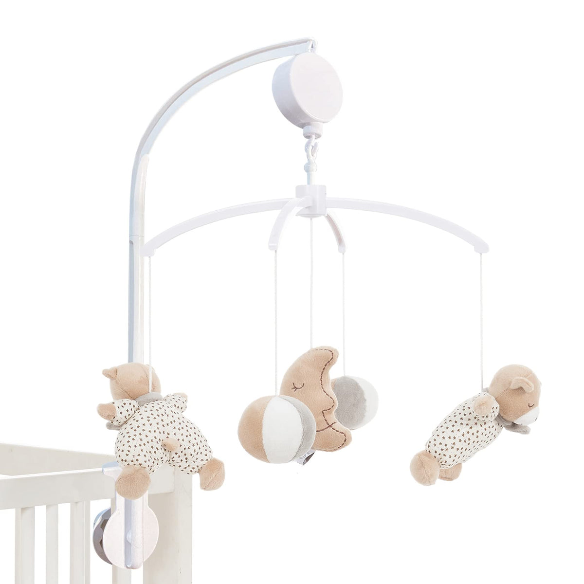 MiniDream Cot Mobile, Wind Up Music Mobile That Plays a Gentle Lullaby, No Need for Batteries, Includes 360 Degree Rotating Hanging Soft Toys - Moon and Star Design