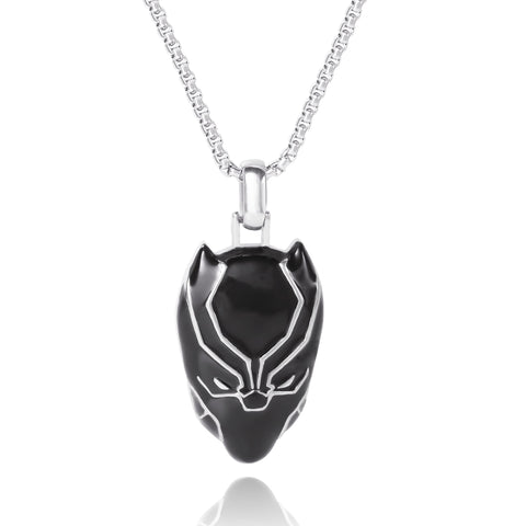 Marvel Men's Black Panther Pendant Necklace, Black Enamel and Stainless Steel, 24" Box Chain