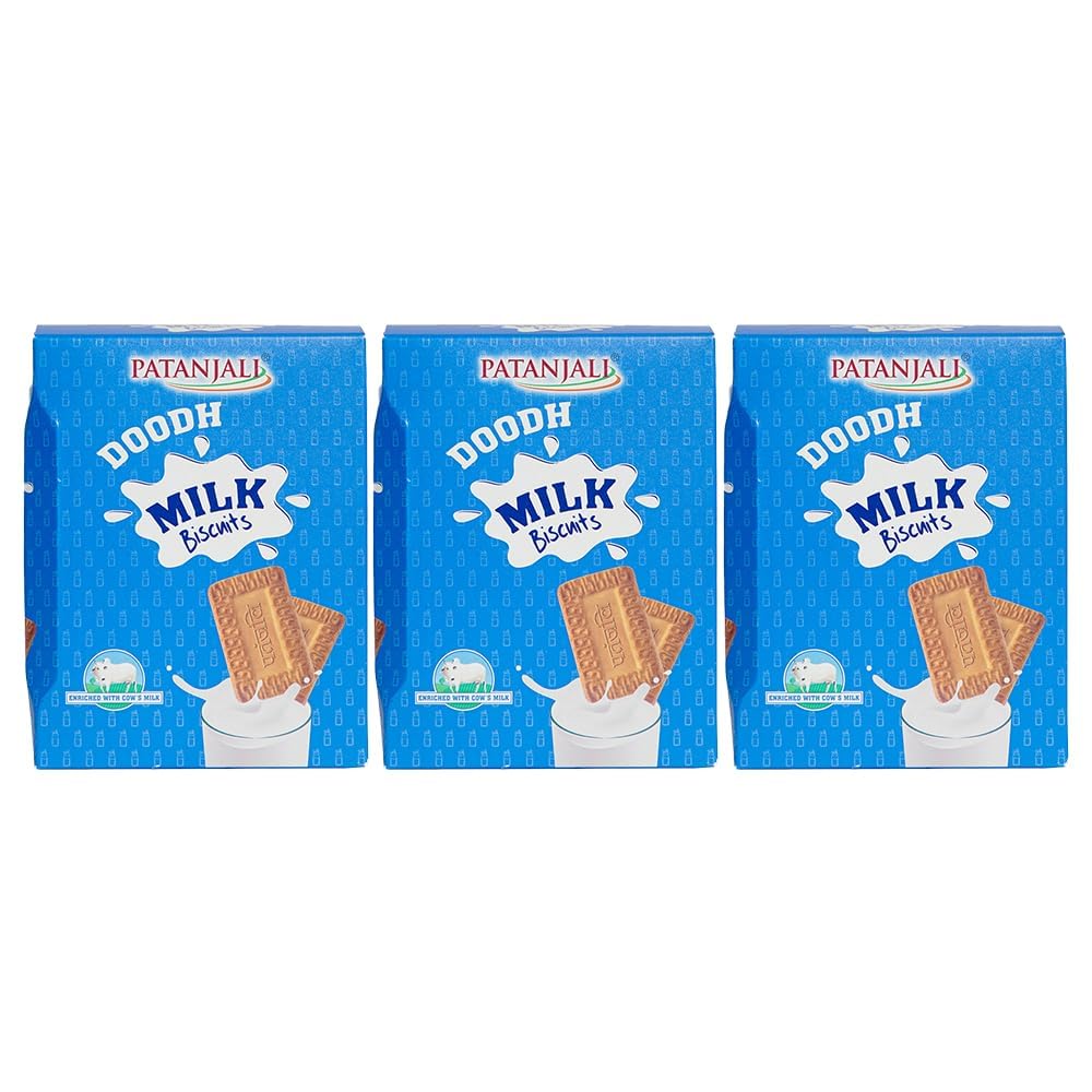 Patanjali Doodh Milk Biscuits - 10.6oz (300g) Pack of 3 | Delightfully Crisp Milk-Flavored Snacks