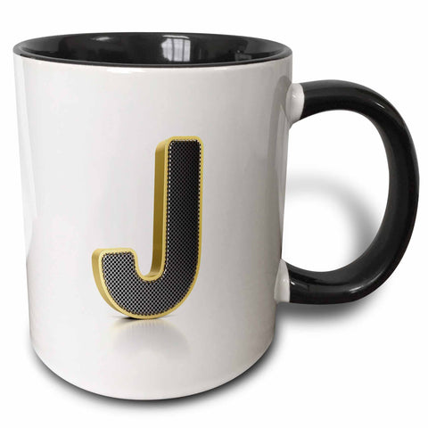 3dRose Monogram letter J in golden metal with perforated front in gray Mug, 1 Count (Pack of 1), Black