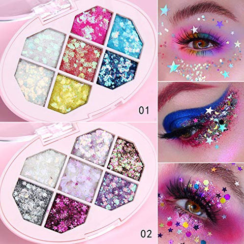 AKARY Glitter Eyeshadow Palette Makeup 7 Colors, Party Diamond Shiny Colorful Eye Makeup Palettes Long Lasting Waterproof Halloween Holiday Makeup, Glitter High Pigmented Eye Shadow Powder for Face Body (02)