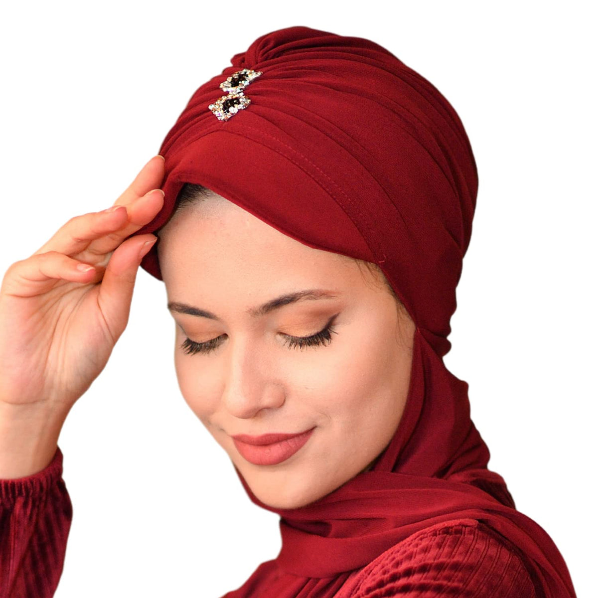 sufirit Turbans for Women, Chemo Caps, Jeweled Turbans, Hijab for Women, Jeweled Scarf, Instant Hijab, Hijab Scarf (Jeweled Hat - Burgundy)