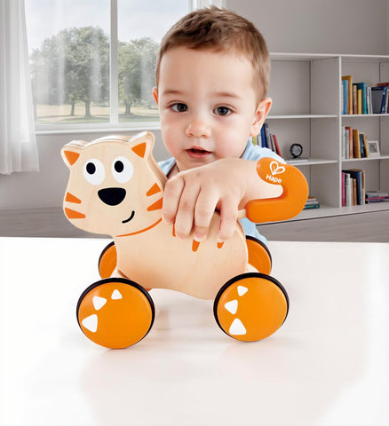 Hape Dante Push and Go | Wooden Push, Release & Go Cat Toddler Toy with Wheels