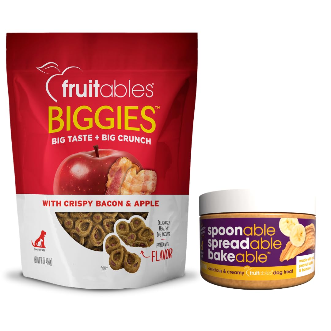 Fruitables Biggies Crunchy Bacon & Apple 16oz with Peanut Butter & Banana Spread 7oz, Treat Bundle for Dogs