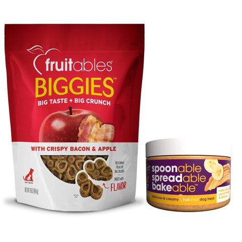 Fruitables Biggies Crunchy Bacon & Apple 16oz with Peanut Butter & Banana Spread 7oz, Treat Bundle for Dogs