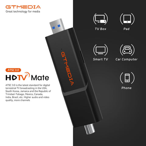 GT MEDIA USB3.0 TV Tuner Stick, ATSC3.0/1.0 USB Tuner Stick Digital Terrestrial Signal Tuner for TV, Phone, Tablet, Pad, Car Computer Supports 4K FTA Channel Broadcast, TF DVR Recording