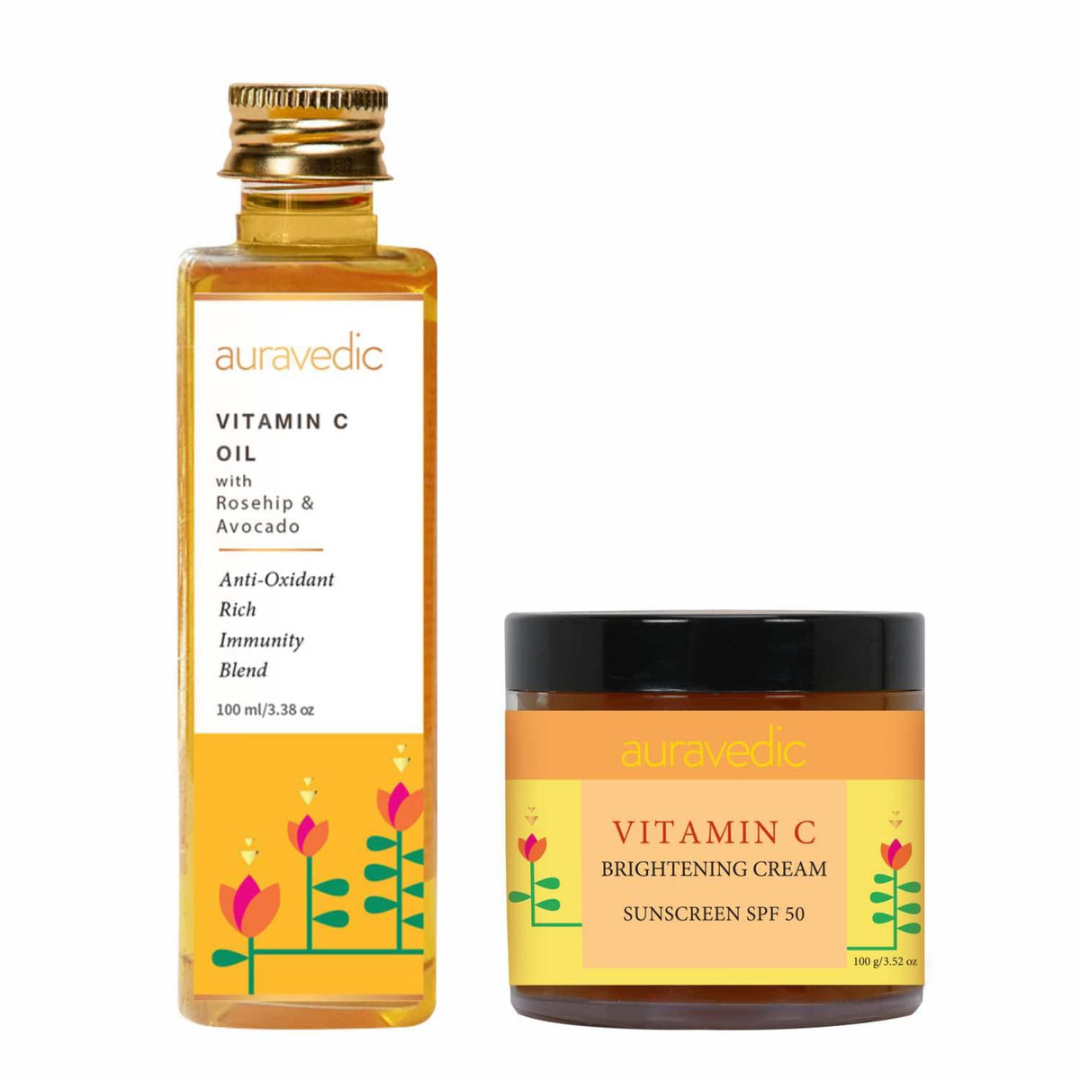 AURAVEDIC Vitamin C Brightening Face Oil with Rosehip and Avocado Vitamin C Cream with SPF 50 Sunscreen Antioxidant & Brightening Skin Treatment Set of 2 (100ml + 100gm)