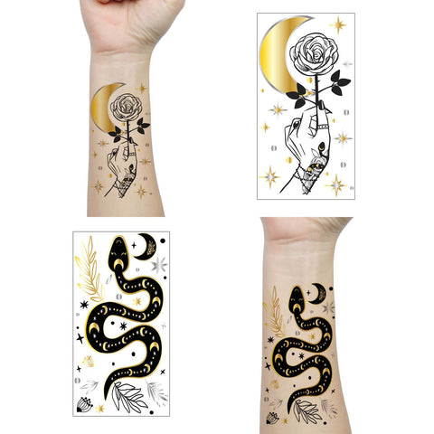 9 Sheets Metallic Gold Silver Black Temporary Tattoo, Hands Face Tattoo Sticker for Men Women, Flower Leaf Space Moon Snake Fingers Designs on Arm Neck Shoulder Clavicle Waterproof