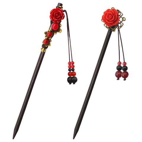 BLMHTWO 2 Pieces Hair Chopsticks for Women Retro Chinese Japanese Hair Accessories Flower Tassel Handmade Wooden Hair Chopsticks Stick Hair Pins for Long hair