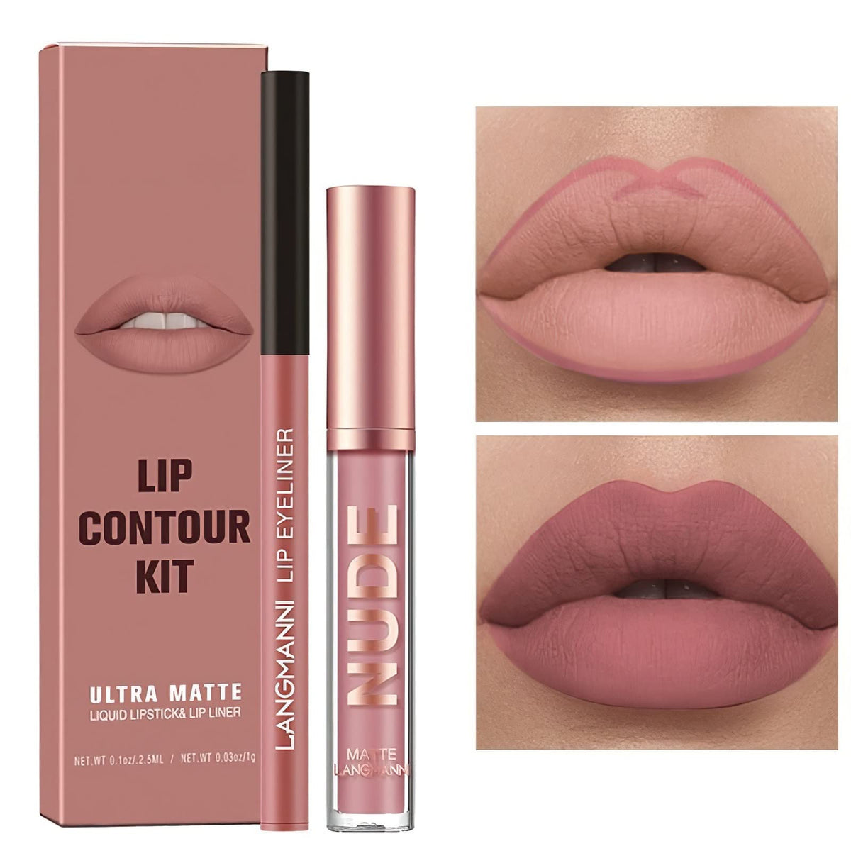 MIELIKKI 2Pcs Matte Liquid Lipstick and Lip Liner Set, One Step Lips Makeup Kit, Non-Stick Cup Lip Gloss + Lip Liner Pen, High Pigmented, Waterproof, Long-Lasting, 01