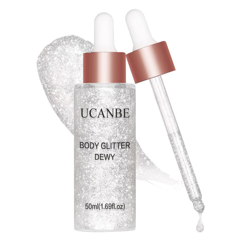 UCANBE Highlighter Makeup Drops Body Glitter Dewy Liquid Face Glow Shimmer for Women Holographic Luminizer Sparkles for Face (Silver Fairy White - 02)