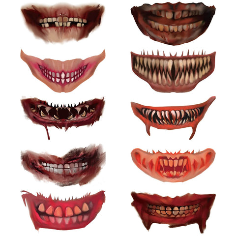 GLARYYEARS Halloween Mouth Temporary Tattoo, 10-Pack Large Scary Clown Fake Tattoo Stickers, Cosplay Makeup Realistic Tattoos for Adults Men Women Kids, Prank Props on Face Tattoos Decals Party