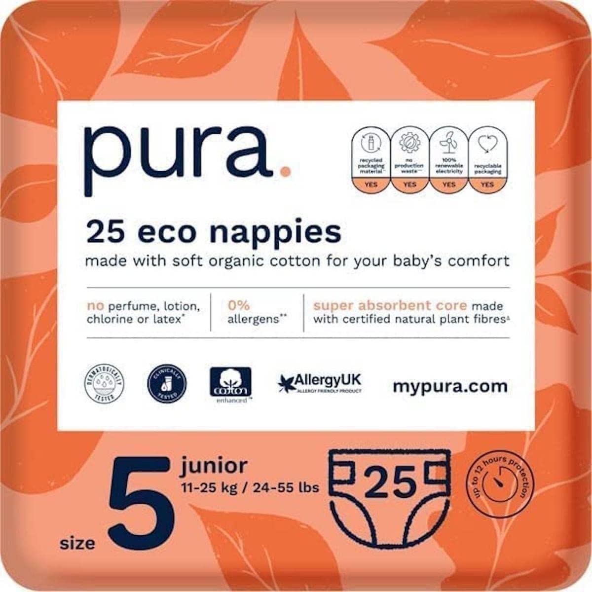 Pura Eco Baby Nappies Size 5 (Junior 11-25kg / 24-55 lbs) 1 pack of 25 Diapers, Toddler, Baby, EU Ecolabel Certified, Made with Organic Cotton, up to 12 hour Leakage Protection, Night-time