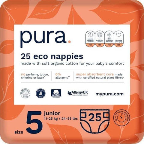 Pura Eco Baby Nappies Size 5 (Junior 11-25kg / 24-55 lbs) 1 pack of 25 Diapers, Toddler, Baby, EU Ecolabel Certified, Made with Organic Cotton, up to 12 hour Leakage Protection, Night-time