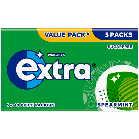 Extra Chewing Gum, Sugar Free, Spearmint Flavour, Pack of 6 x 10 Pieces