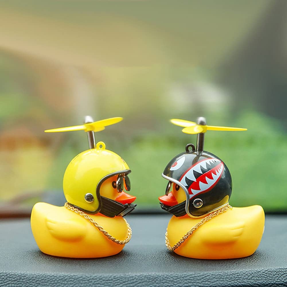 URMAGIC 2 Pack Rubber Yellow Duck Toy Car Ornaments, Duck Car Dashboard Decorations with Propeller Helmet Sunglass Gold Necklace,Squeaky DIY Stress-relieving Duck Toy