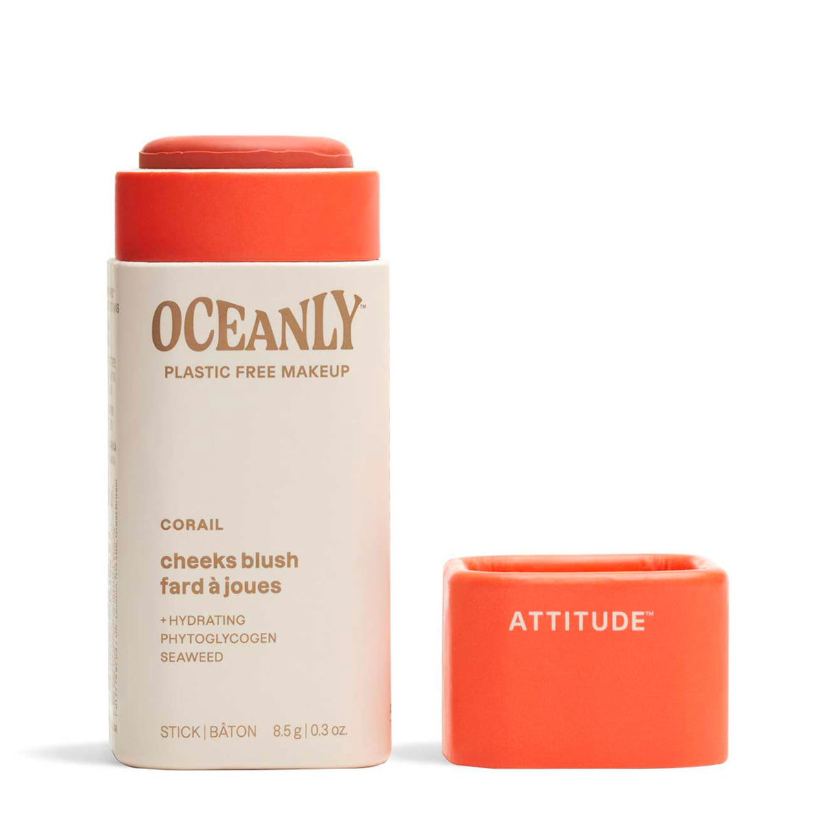 ATTITUDE Oceanly Plastic-Free Lightweight Blush Stick, Titanium Dioxide-Free, EWG Verified, Vegan Makeup, Corail, 8.5 grams