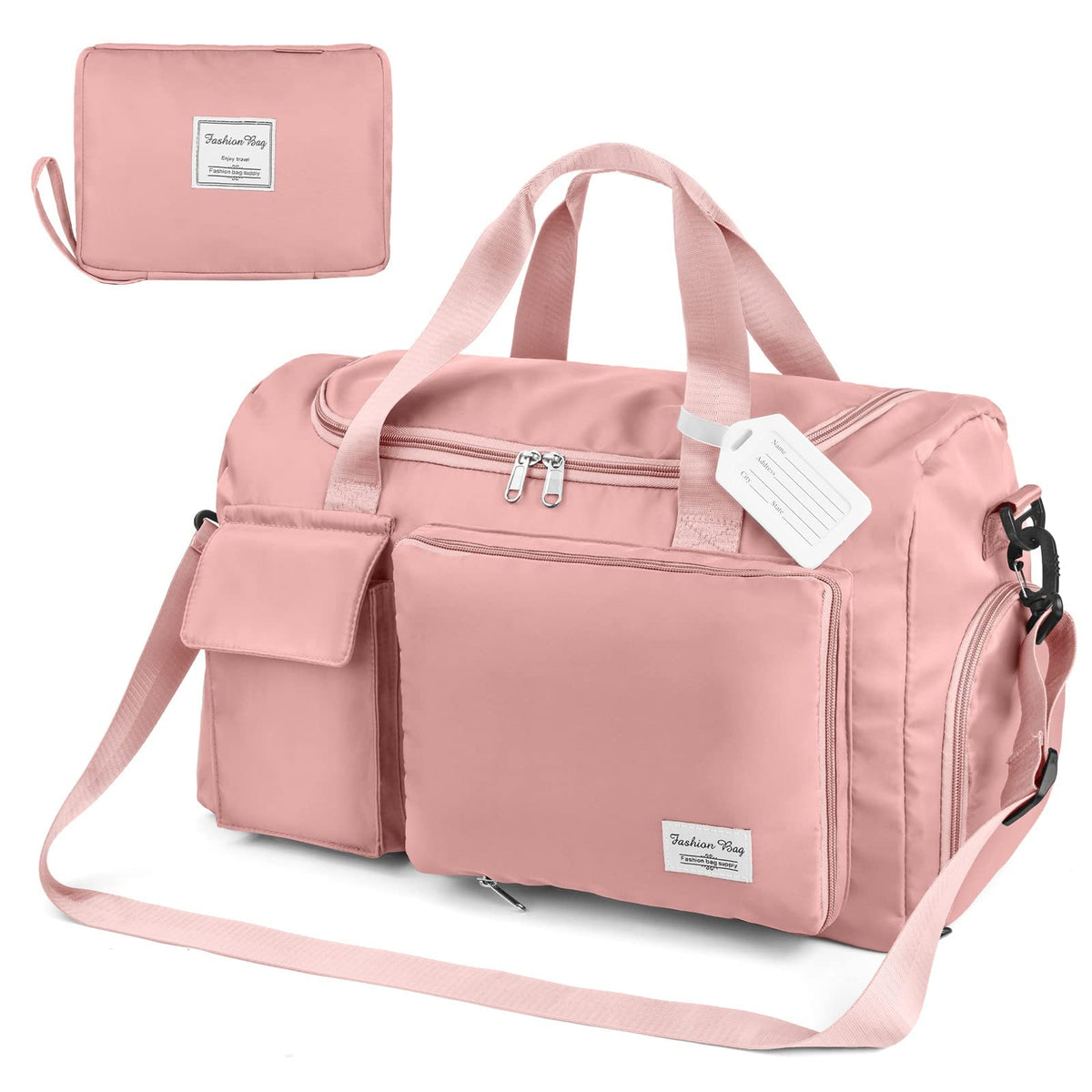 Duffel Bag, Foldable Overnight Weekend Bags for Women, Lightweight Hospital Bag with Wet and Dry Separation Bag, Large Holdall/Cabin/Gym Bag for Sports and Travel - Pink