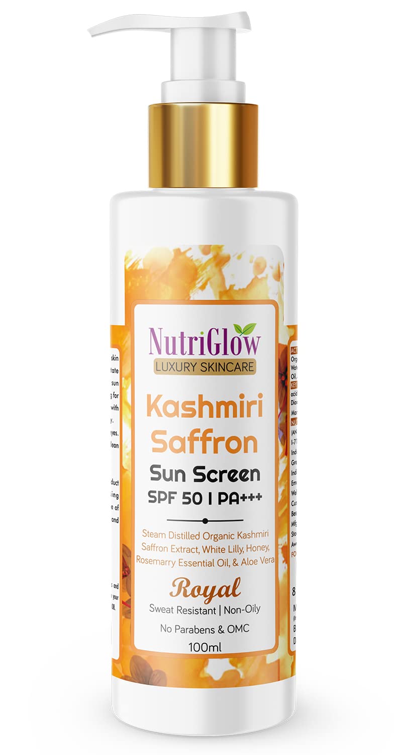 NutriGlow Kashmiri Saffron Sunscreen SPF50 PA+++ with Aloe Vera Extract, Sweat Resistant & Non-Sticky for All Skin Types (100 ml)