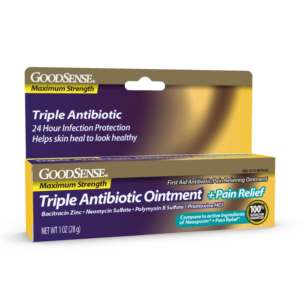 GoodSense Maximum Strength Triple Antibiotic Ointment plus Pain Relief, Soothes Painful Cuts, Scrapes, and Burns, While Preventing Infection, 1 Ounce