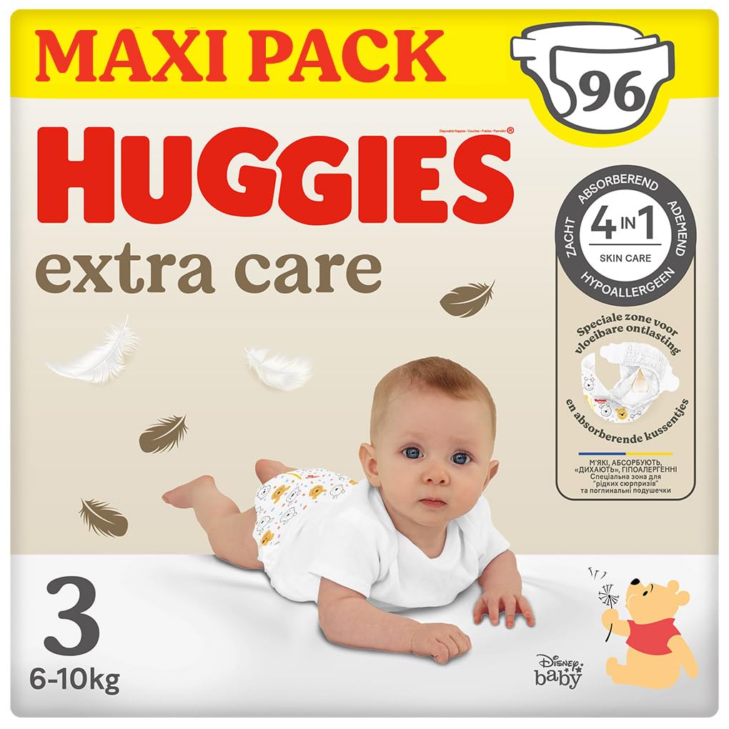 Huggies Extra Care Nappies, Size 3 (4-9 kg), Pack of 96 Nappies