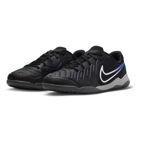 Nike Jr. Tiempo Legend 10 Academy Little/Big Kids' Indoor/Court Low-Top Soccer Shoes (DV4350-040, Black/Hyper Royal/Chrome) Size 1.5