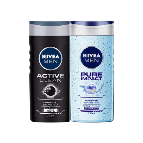 NIVEA Men Shower Gel, Active Clean Body Wash, Men, 250ml And NIVEA Men Shower Gel, Pure Impact Body Wash, 250ml