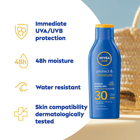 NIVEA SUN Protect & Moisture Sun Lotion SPF 30 (200 ml), Suncream with Vitamin E, Provides 48H Moisture & Immediate UVA & UVB Protection