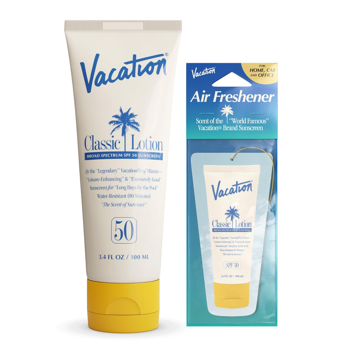 Vacation Classic Sunscreen Lotion SPF 50 + Air Freshener Bundle, Water Resistant Broad Spectrum Sunscreen Sun Block, Vegan Sun Tanning Lotion, Body Lotion with SPF, SPF 30 Sunscreen, 3.4 Fl. Oz.