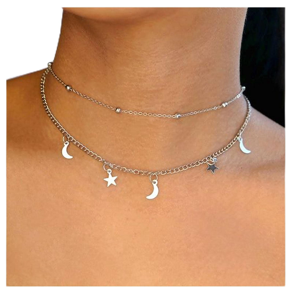 Yheakne Boho Star Moon Necklace Choker Silver Layered Star Choker Necklace Crescent Moon Necklace Celestial Necklace Chain Festival Jewelry for Women and Girls (Silver)