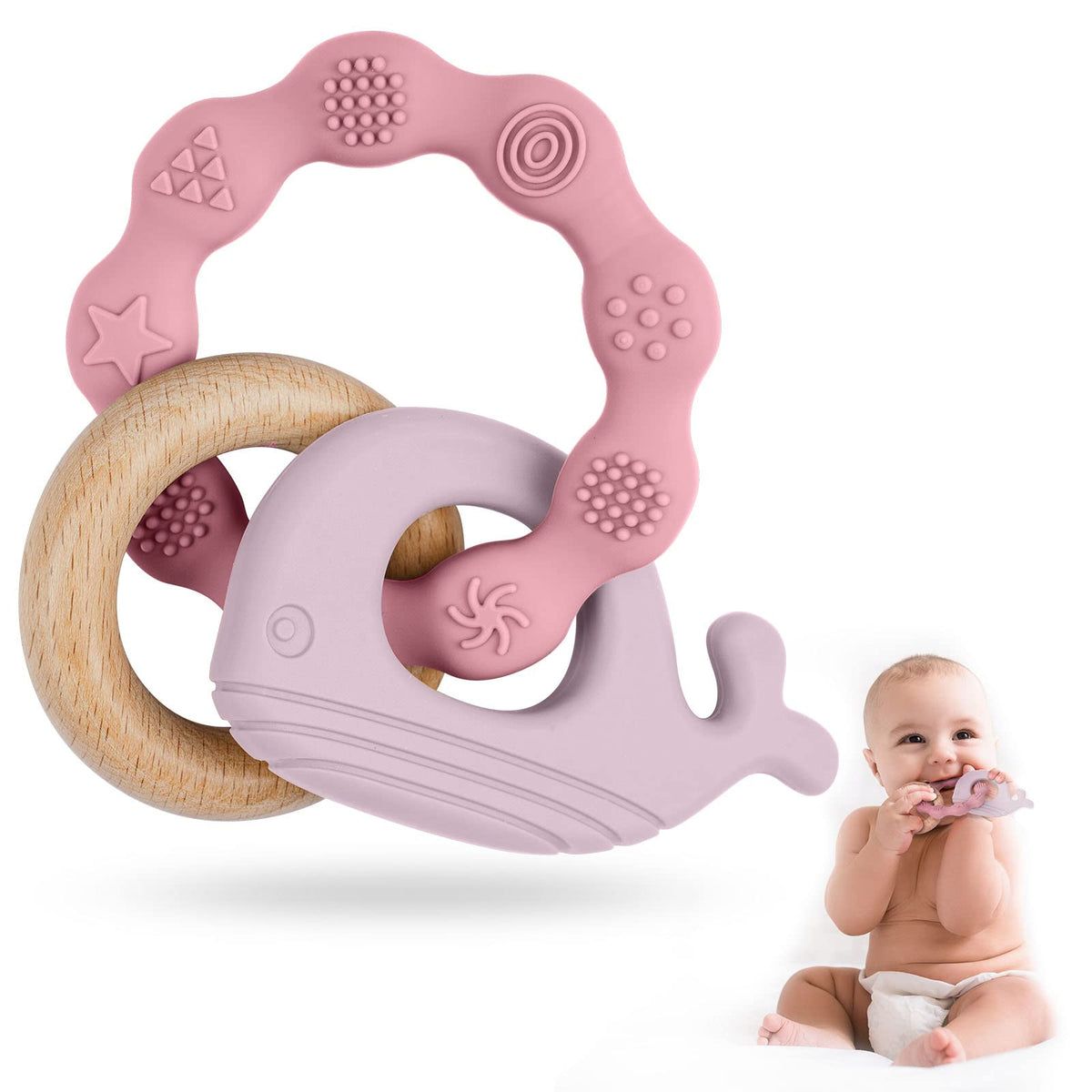 Vicloon Teething Toys for Baby, Silicone and Wood Teether, Baby Teether Toys Teether Chew Toy, Easy to Hold and Clean Up, Whale Teething Toy Silicone chewlery for Boys&Girls (Pink)