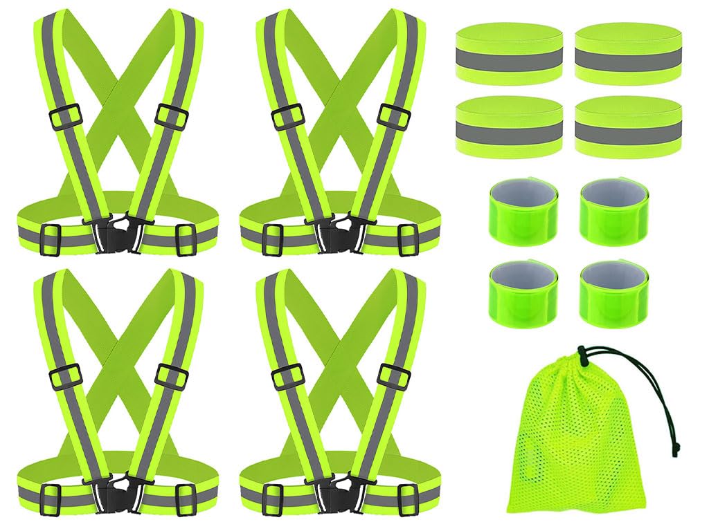 Hitopin Running Reflective Vest Gear, 4Pack Reflective Safety Harness, High Visible Reflective Running Vest, Adjustable Safety Vest, 8PCS Reflective Wristbands, for Running, Jogging, Hiking, Cycling