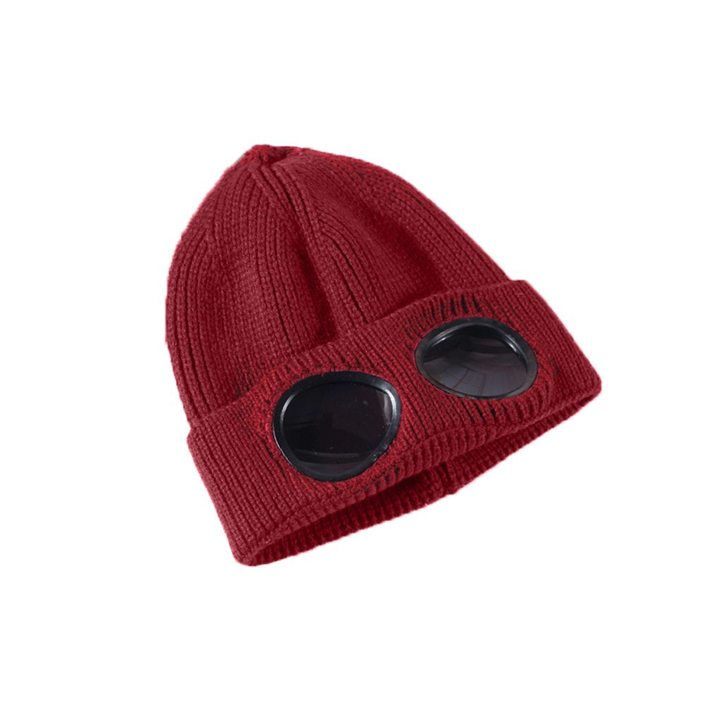 MansWill Unisex Wool Knitted Goggles Beanie, Warm Winter Stylish Hat Outdoor Sports Cap Wine Red, Medium