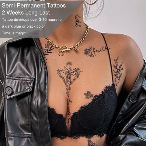 CHARLNET Semi-Permanent Tattoos for Women Girls - 2 Weeks Long Last Waterproof Realistic Flower Words Temporary Tattoos/Fades Naturally/Body Art Stickers