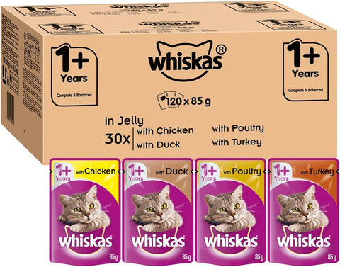 Whiskas 1+ Cat Pouches Casserole Mixed Selection in Jelly, Suitable for Adult Cats Aged 1+, MegaPack, 120 x 85 g